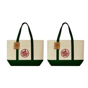 Trader Joe's Two Large Tote Cotton Canvas Embroidered Bags Bundle • NEW W/ TAGS